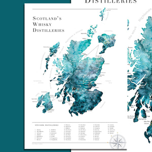 Watercolour Scottish Whisky Distillery Map