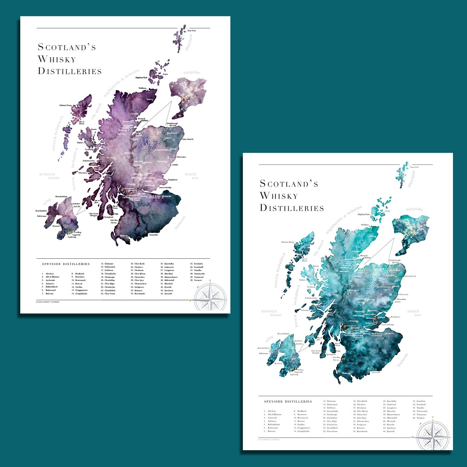 Watercolour Scottish Whisky Distillery Map