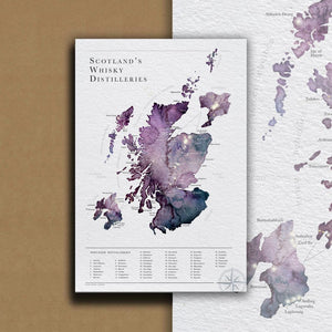 Watercolour Scottish Whisky Distillery Map