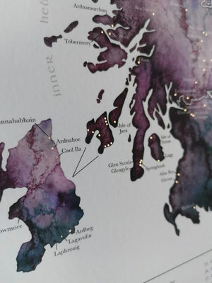 Watercolour Scottish Whisky Distillery Map