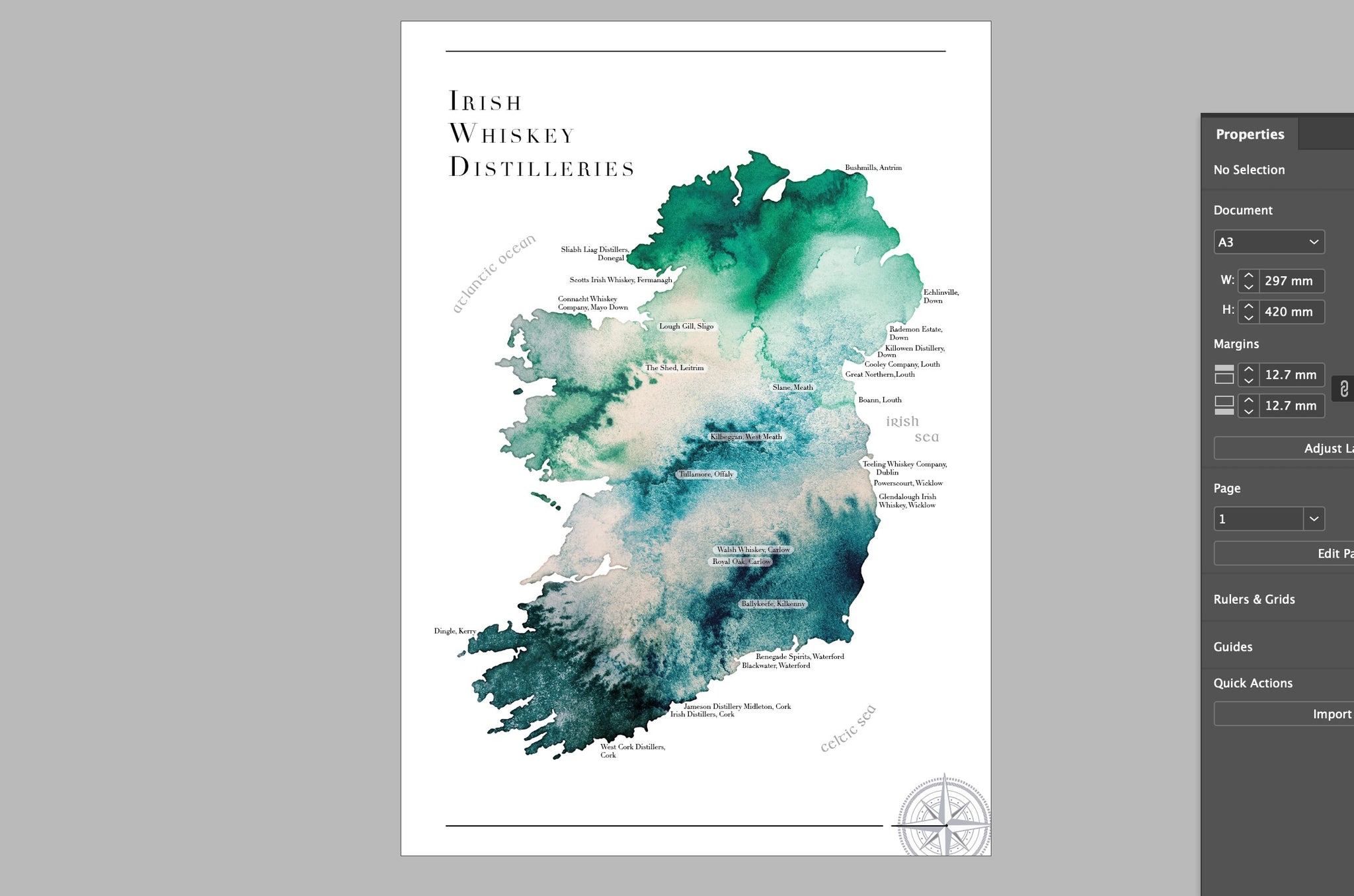 Watercolour Irish Whiskey Distillery Map