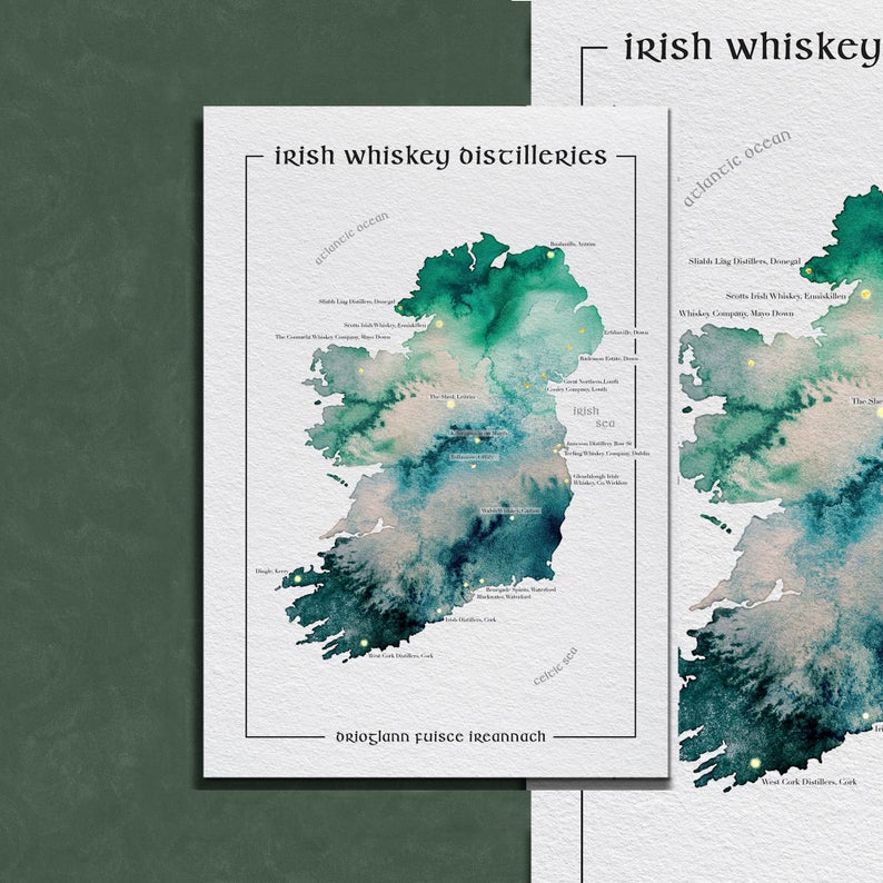 Watercolour Irish Whiskey Distillery Map