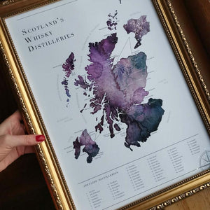 Watercolour Scottish Whisky Distillery Map