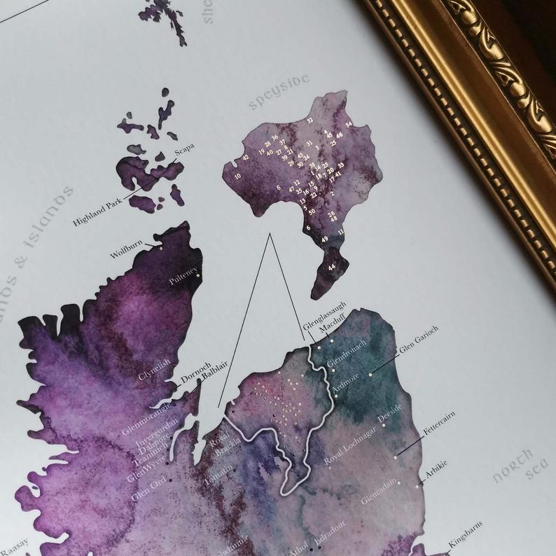 Watercolour Scottish Whisky Distillery Map