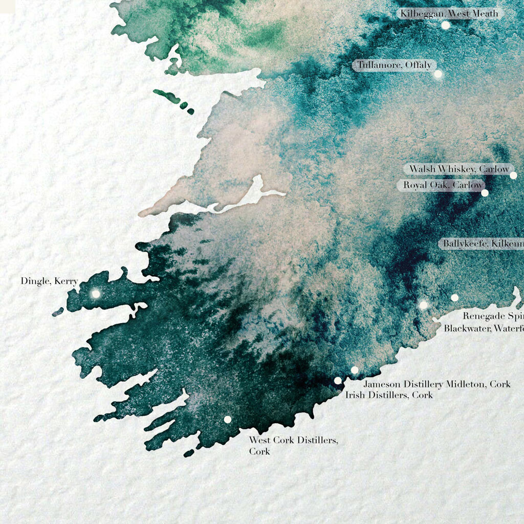 Watercolour Irish Whiskey Distillery Map