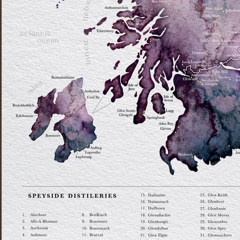 Watercolour Scottish Whisky Distillery Map